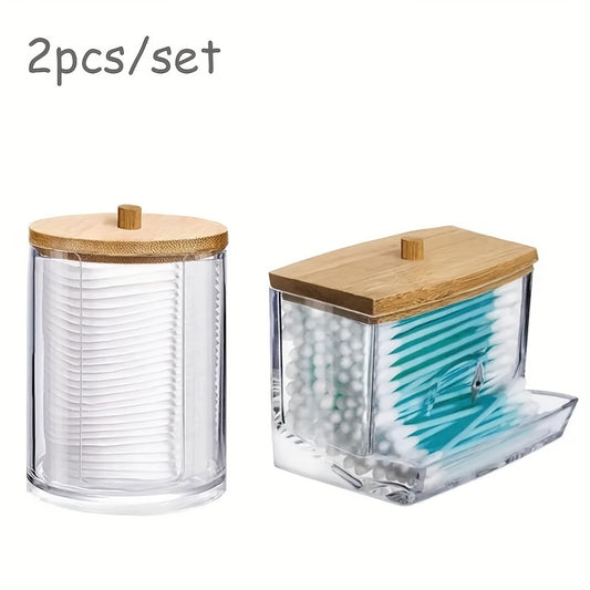 Set of 2 modern plastic swab dispensers with bamboo lids, perfect for organizing makeup sponges and rounds in your home. Great for home storage and organization.