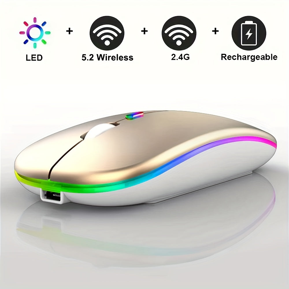 Rechargeable wireless gaming mouse with LED backlight, dual-mode 2.4G/5.2, slim design for laptops and desktops.