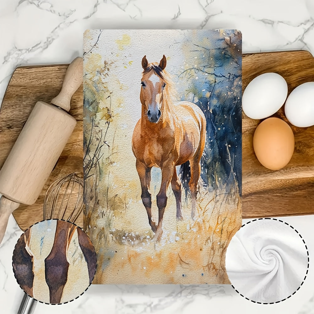 Set of 2 Coastal Horse Design Kitchen Towels, Made of Highly Absorbent Polyester Knit Fabric, Easy to Clean in the Washing Machine, Featuring a Modern Contemporary Style, Size 40.64x60.96 cm - Model Number 2KYSYS1218557, Horse Themed Towels for the