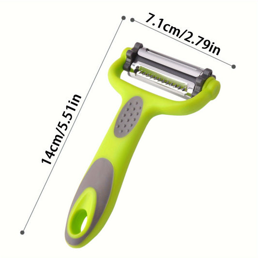 Multi-functional kitchen tool: includes a fruit and vegetable peeler, paring knife, and shredder in one convenient gadget - made from sturdy plastic material.