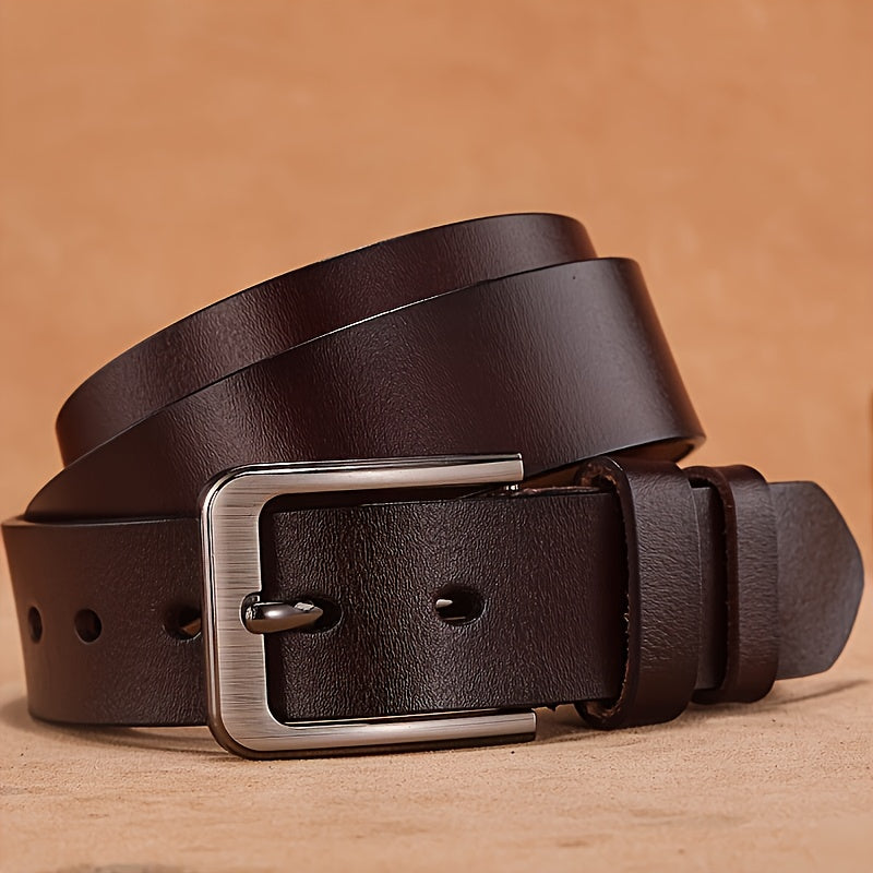 Men's black cowhide leather belt with square alloy buckle - casual fashion accessory, high-quality, do not wash.