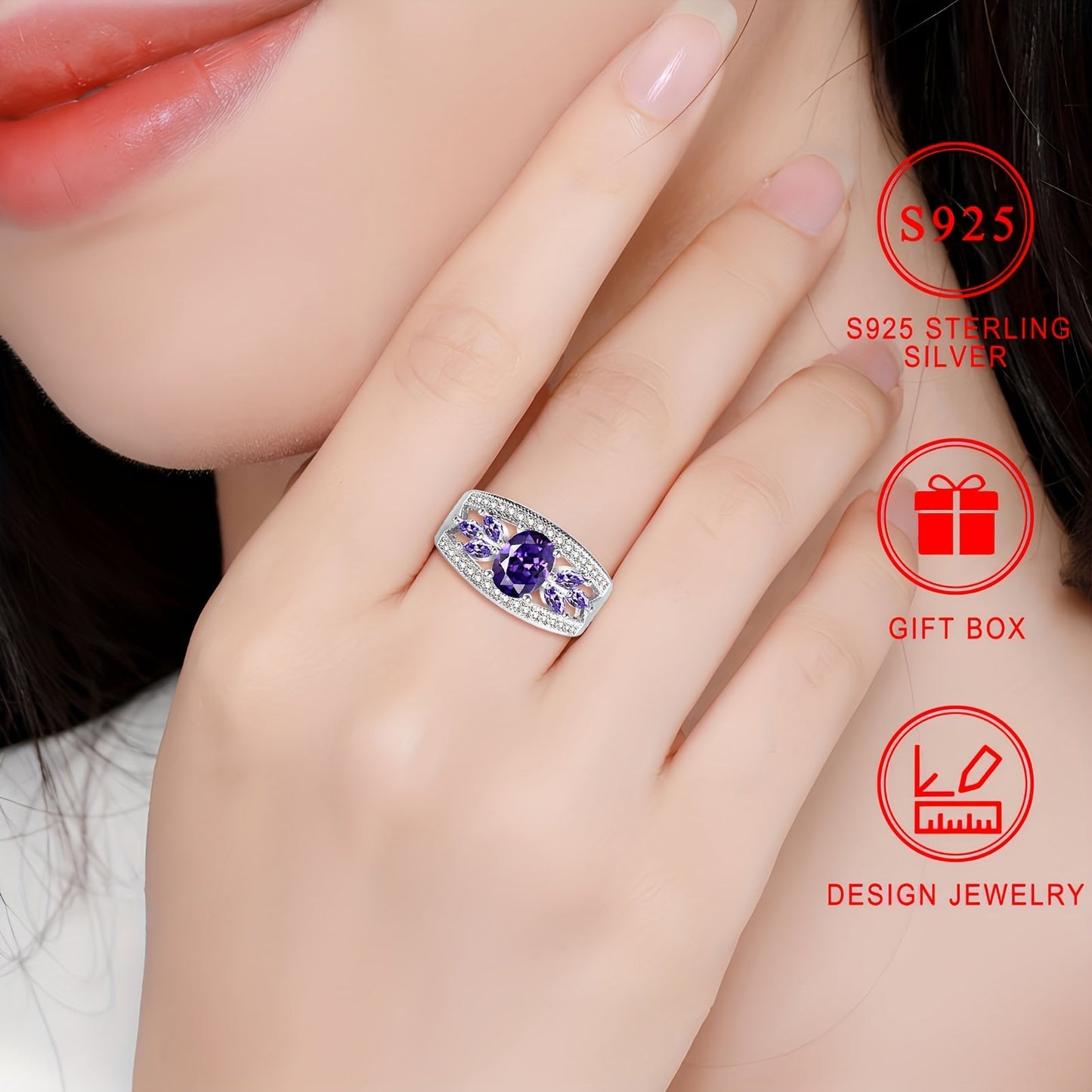 Luxurious S925 Sterling Silver Ring with Sparkling Purple Cubic Zirconia, Hypoallergenic and Nickel-Free, Ideal for Everyday Wear and Gift-Giving. Comes with a Gift Box, perfect for a touch of luxury and blingbling style, suitable for any occasion.