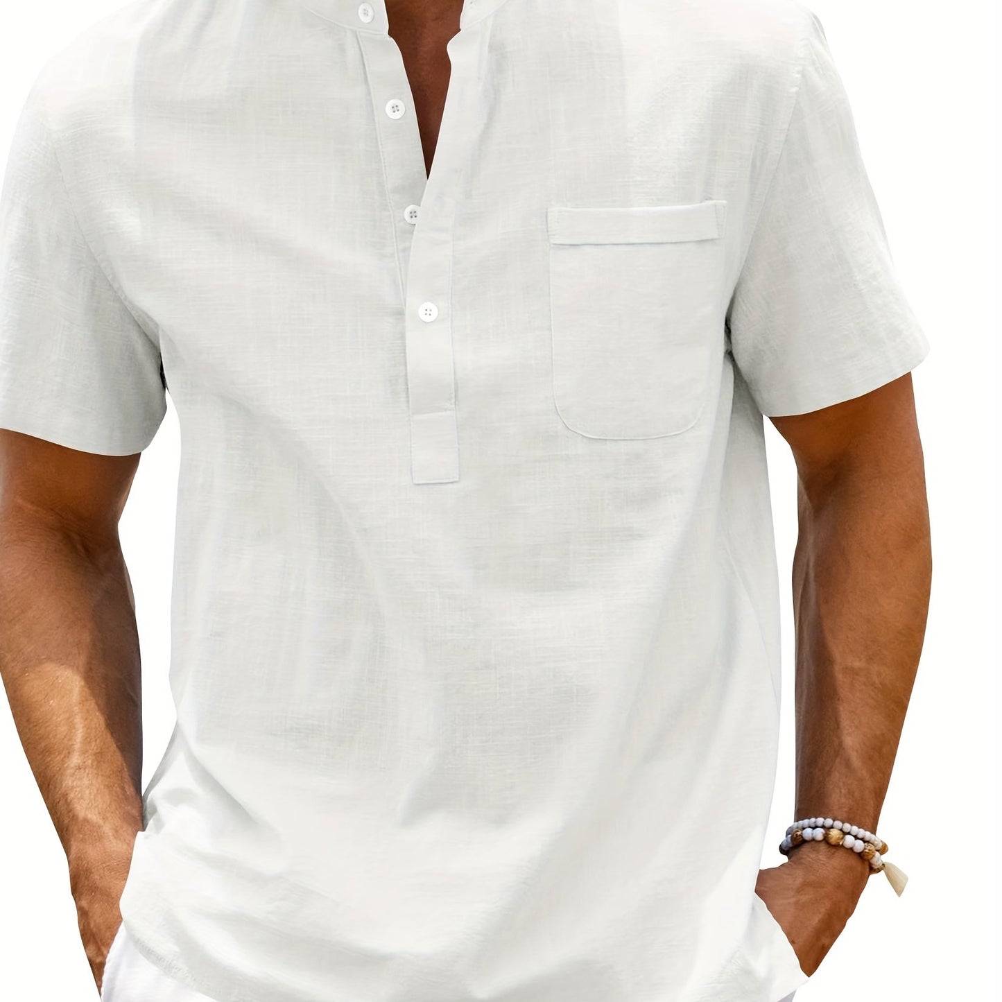 Men's loose fit cotton short sleeve shirt with stand collar and pocket, perfect for summer beach vacation.