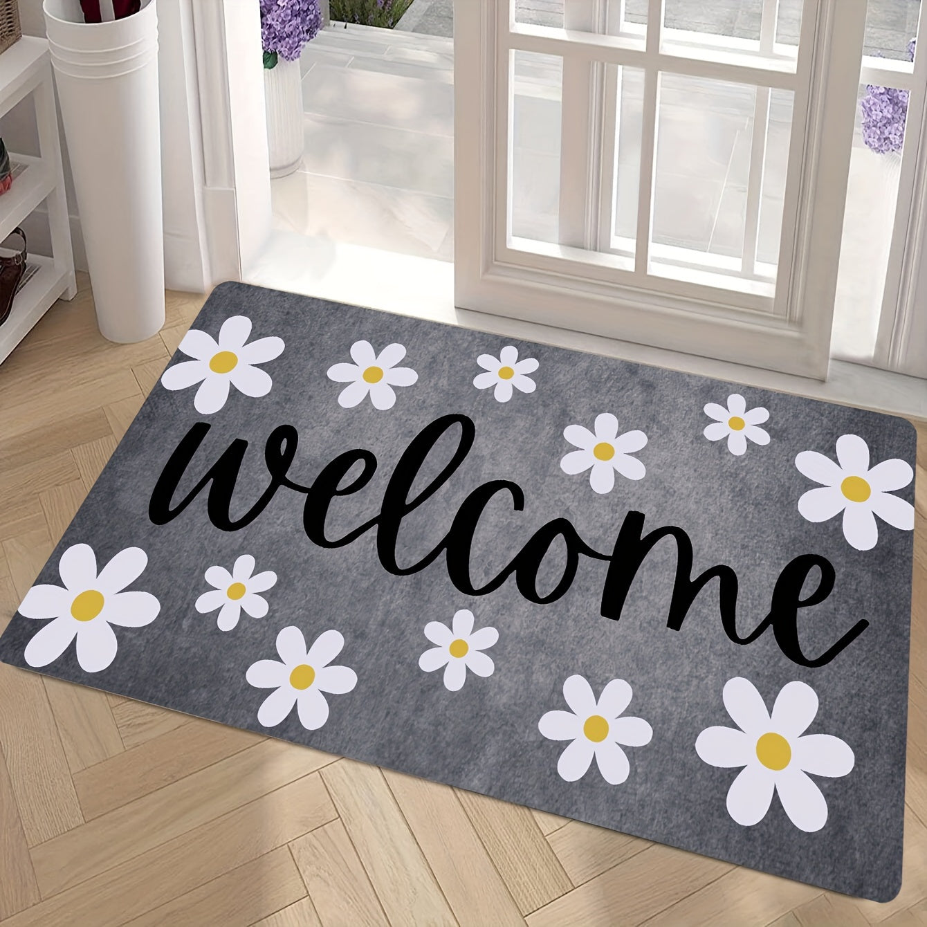 One piece of the "Welcome" Floral Anti-Fatigue Doormat is available. It is non-slip, absorbent, and machine washable with a double-lock edge. Ideal for use in kitchens, hallways, laundry rooms, and entrances, this soft crystal velvet mat weighs 830g/m²