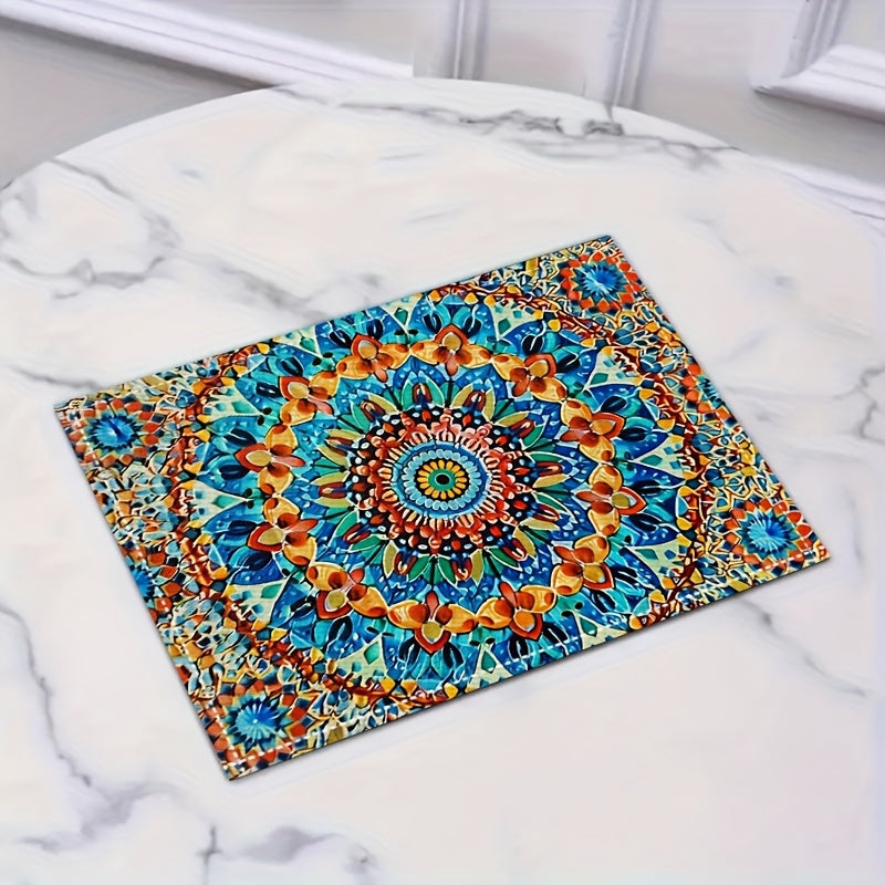 4 Mandala-style placemats with a Persian Bohemian design, heat resistant and washable, suitable for home and restaurant use.