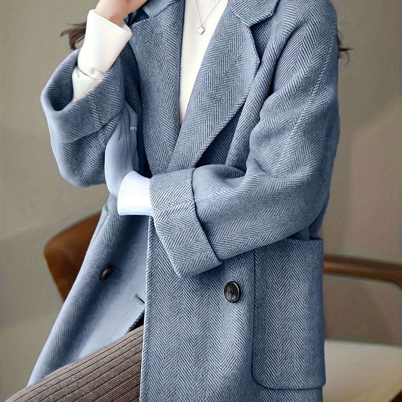 Women's light blue striped trench coat with pockets, long sleeves, stand collar, perfect for fall/winter. Casual yet elegant with textured fabric.