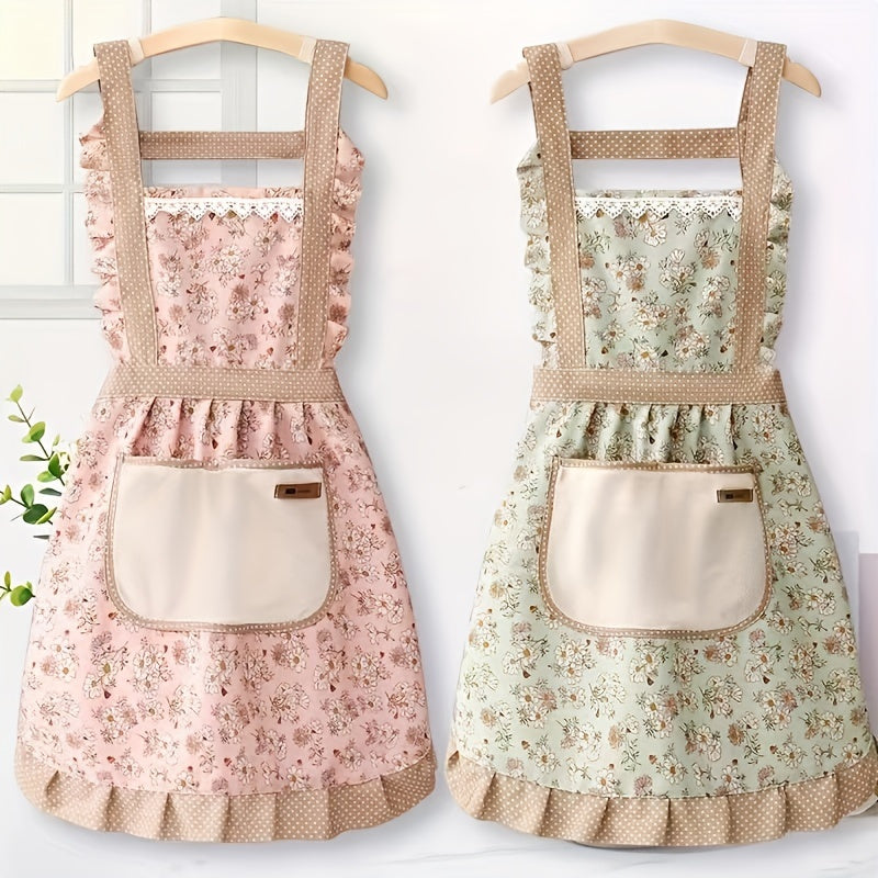 1pc Floral Lace Princess Apron with Hand Wipe Pocket - Ideal for Cleaning in Kitchen, Living Room, Bathroom