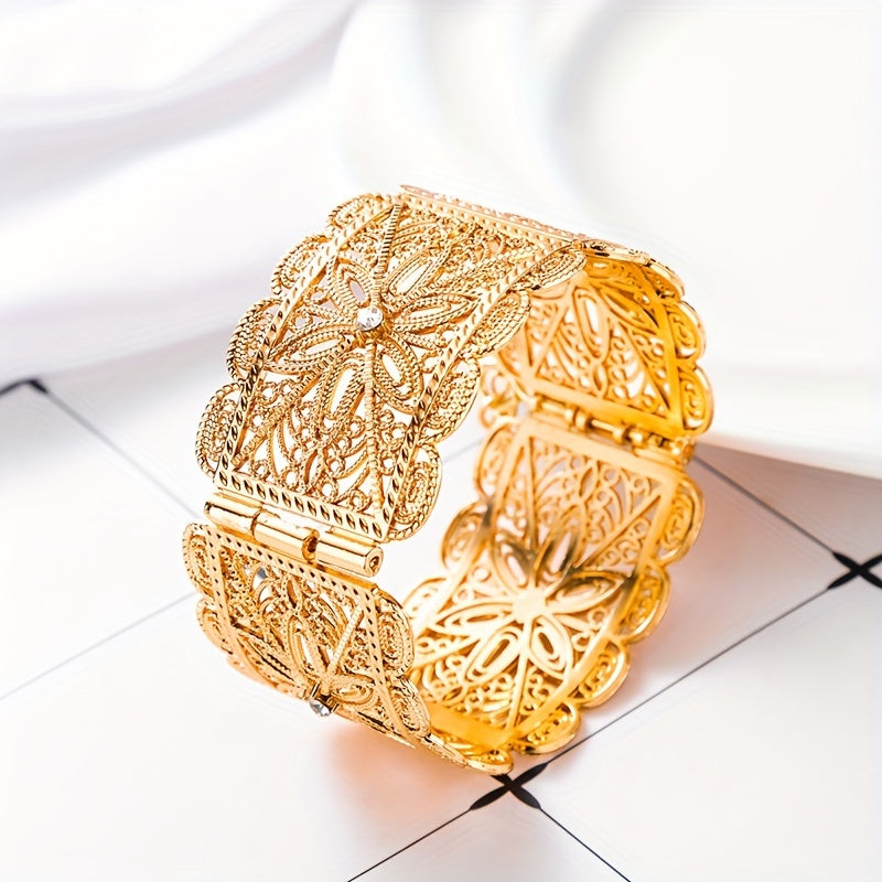 A luxurious gold-plated metal bracelet designed for women's jewelry, perfect for an Arab traditional festival, a bride's wedding ensemble, or as a beautiful wrist accessory.