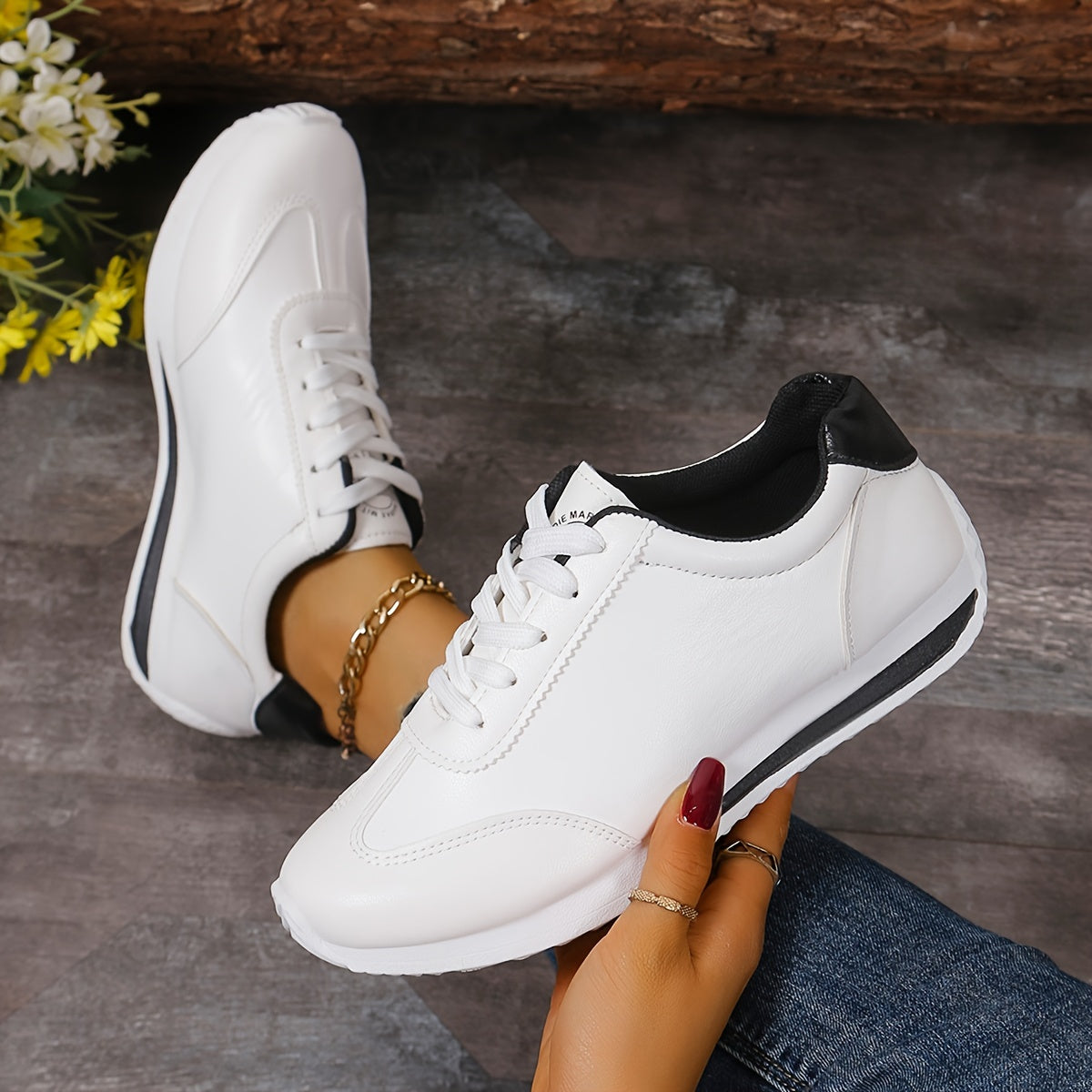 Women's casual sneakers with solid color, lace-up platform, soft sole, and non-slip running trainers.