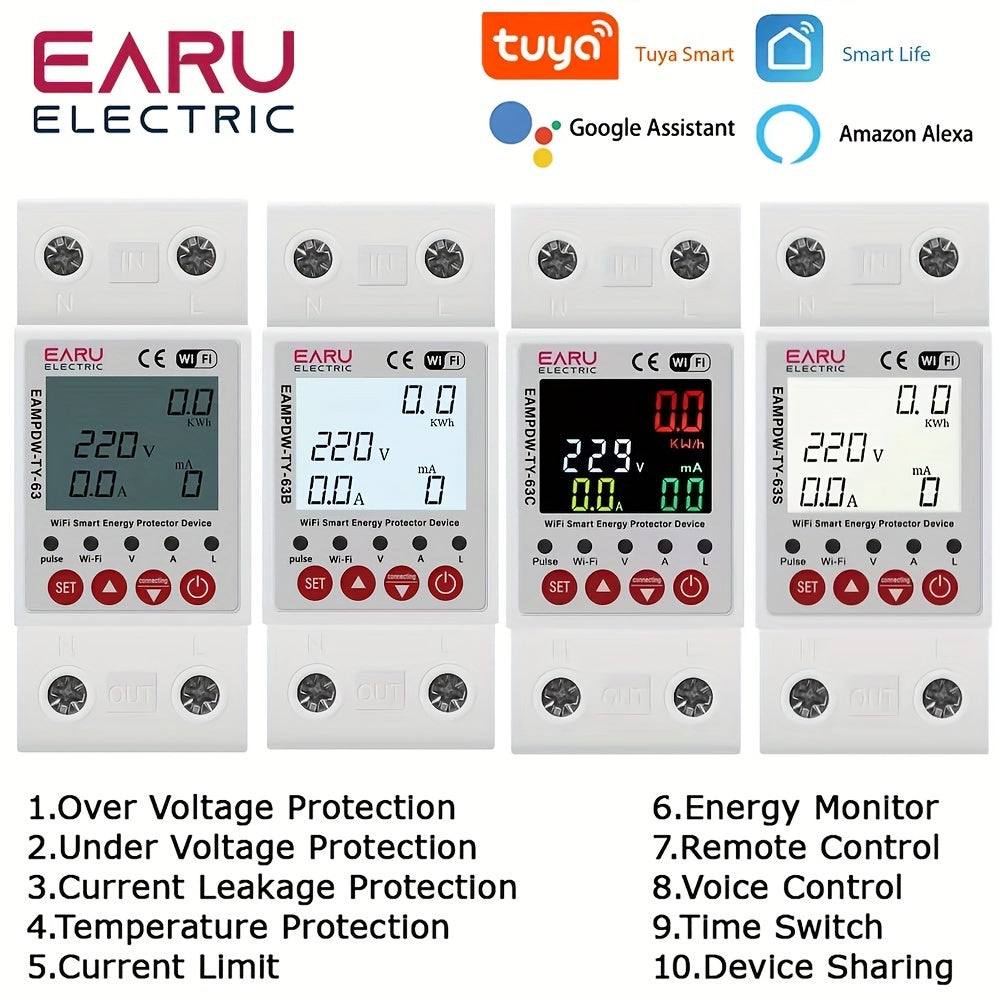 1 Smart Circuit Breaker with Earth Leakage, Over/Under Voltage Protection, Energy Power Meter, Remote ON/OFF Control, and compatibility with Amazon Alexa & Google Home Assistant.