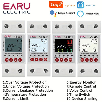 1 Smart Circuit Breaker with Earth Leakage, Over/Under Voltage Protection, Energy Power Meter, Remote ON/OFF Control, and compatibility with Amazon Alexa & Google Home Assistant.