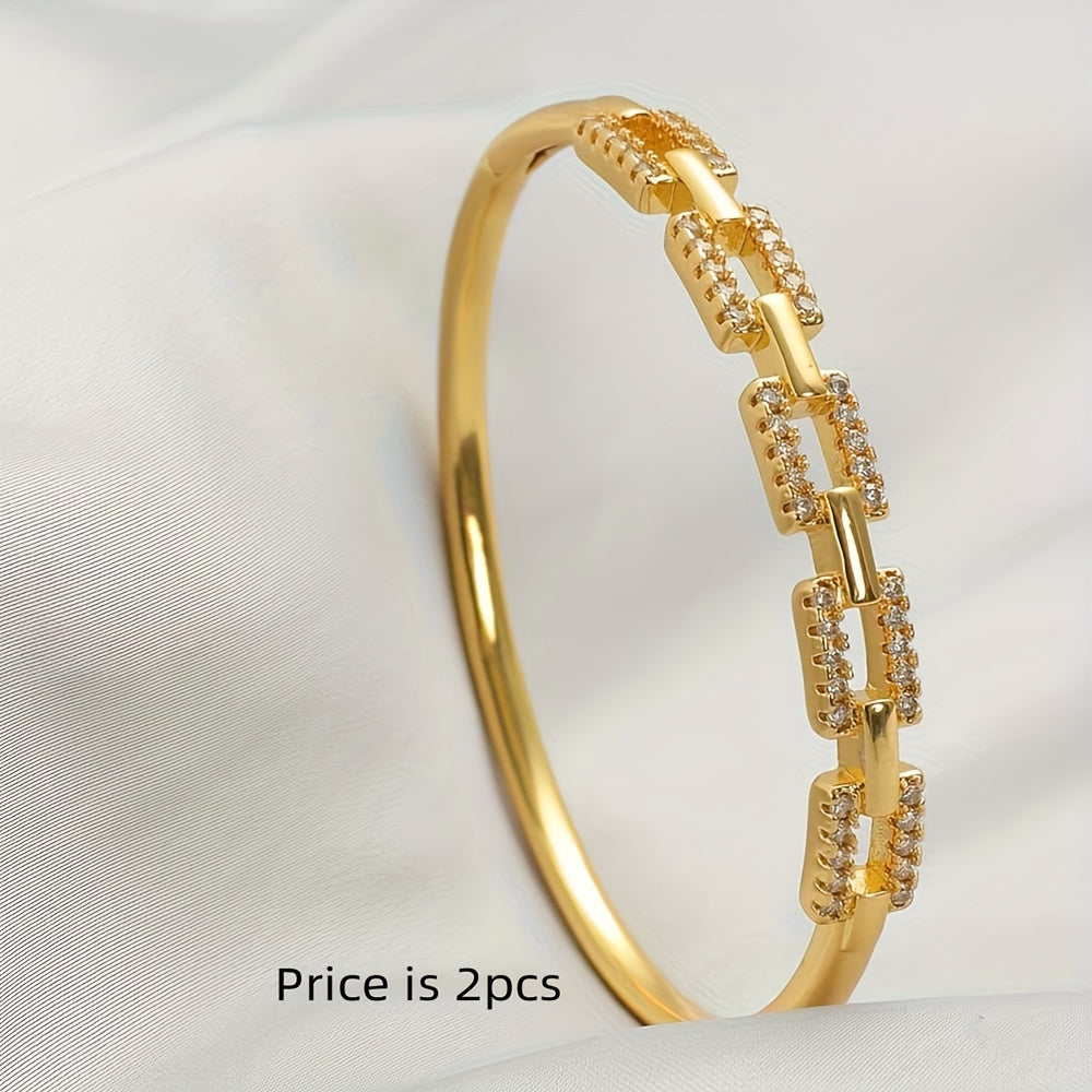 Set of 2 Elegant Bridal Cuff Bracelets with Zirconia Stones, 24K Plated Copper - Perfect for Weddings, Parties, and Valentine's Day Gifts. Versatile for All Seasons.