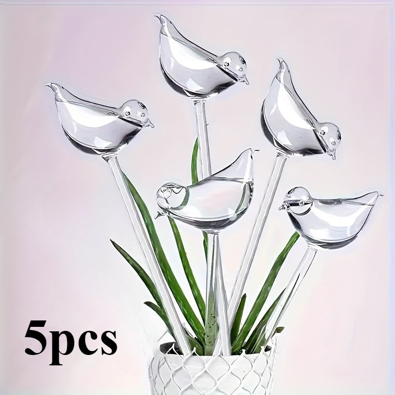 5pcs Bird-Shaped Self-Watering Globes for indoor & outdoor gardens. Ideal for potted plants, flowers, & bonsai. Red PVC drip irrigation tools with leaf patterns. Outdoor garden aid with