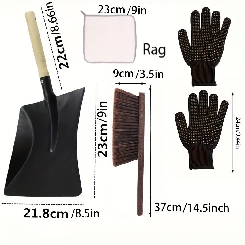 Fireplace Cleaning Kit with Durable Metal Ash Shovel, Brush Set, and Black Nylon Gloves - Essential Tools for Efficient Home Fireplace Maintenance, 5 Pieces in Total