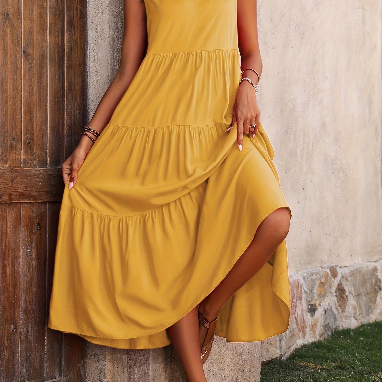 Loose V Neck Ruffle Hem Dress for Spring & Summer