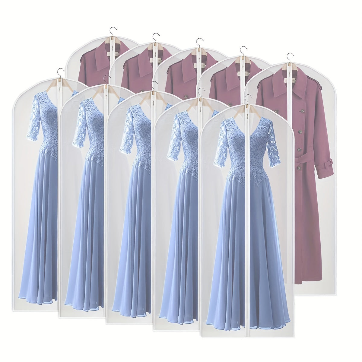 Dust-Proof Garment Bags Set of 10 for Long Dresses, Suits, and Coats - Zippered Closure, No Hooks Required - Closet Storage Solution with Protection