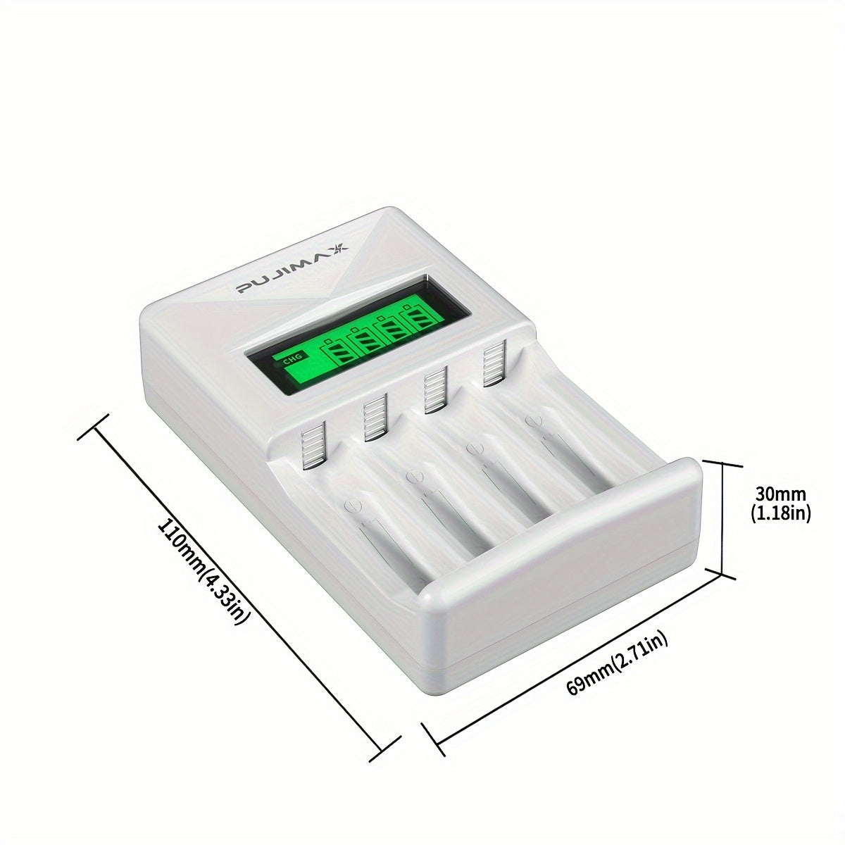 PUJIMAX 4-slot LCD smart charger for AA/AAA Ni-MH/Ni-CD rechargeable batteries with USB power mode, operating voltage ≤36V, battery not included.