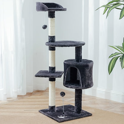 Premium wood fiber cat climbing tower for indoor cats, with scratching posts, cozy condo, and hanging toys.