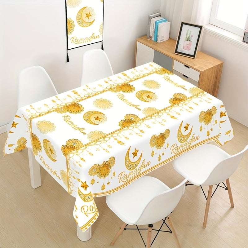 1pc White & Golden Ramadan Kareem Disposable Plastic Tablecloth, 130x220cm, featuring Moon, Lantern, & Star pattern. Ideal for Islamic Muslim parties, Eid Al Adha & home celebrations.