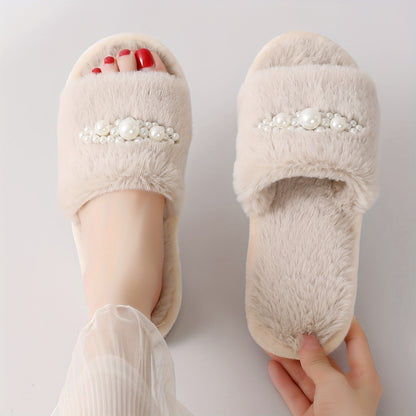 Stylish Faux Pearl Home Slippers with Plush Lining and Non-slip Sole