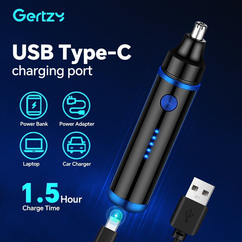 GERTZY USB rechargeable nose hair trimmer with rounded knife head, gentle on skin for men & women. Suitable for ear, eyebrow and facial hair. ABS material with 500mAh lithium battery.