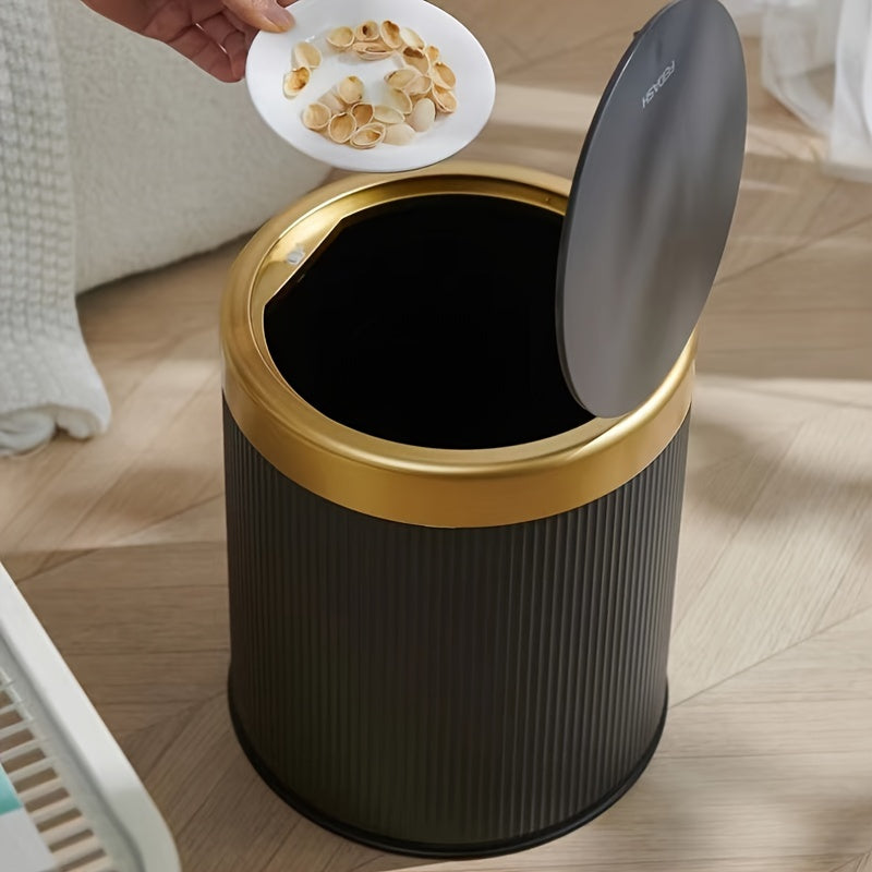 Cylindrical covered trash can for kitchen, bedroom, and living room with manual lifting lid.