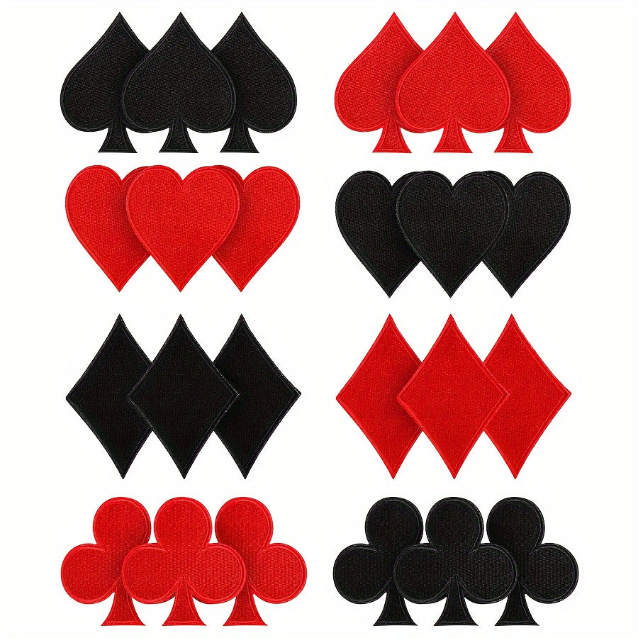 Set of 24 Iron-On Poker Patches for Halloween Costumes, Embroidered Polyester Patches featuring Red and Black Hearts, Spades, and Clubs, Ideal for Jeans, Hats, Bags, and Clothing