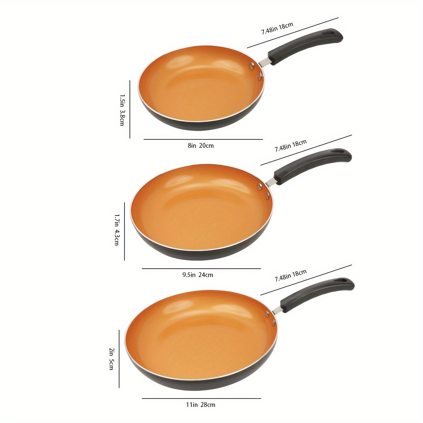 3-piece set of nonstick frying pans, featuring a golden ceramic coating that is suitable for induction cookware. Includes pans in sizes 20.32cm, 24.13cm, and 27.94cm, perfect for cooking omelettes and eggs. PFOA and PFAS free, making it a safe choice for