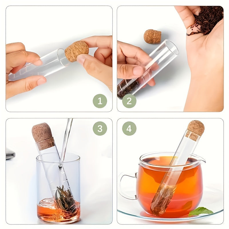 This innovative glass tea steeping device features a cork plug and a flower tea test tube, made from high borosilicate glass for portability. Ideal for steeping Pu'er, black, green, and fruit health teas, it fits most cups and mugs. Transparent tea