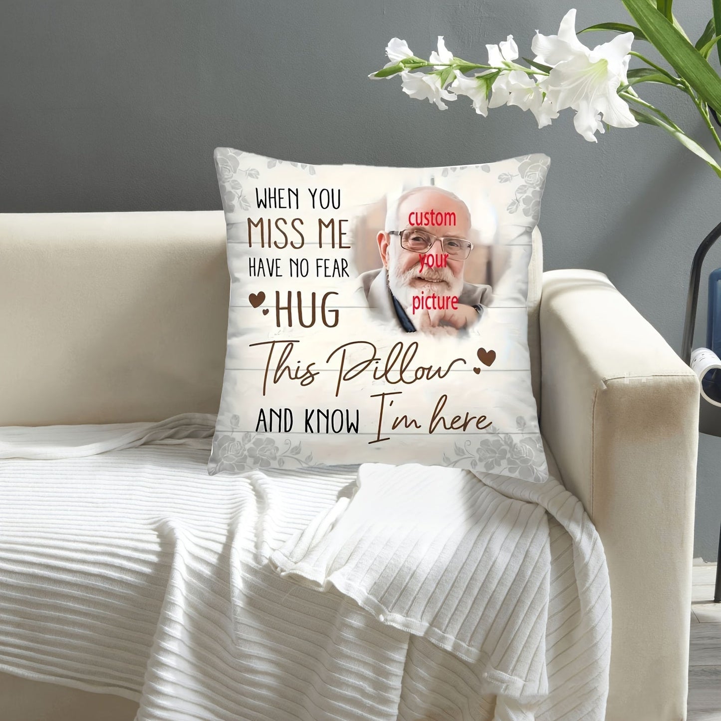 Customize your own photo commemorative polyester throw pillow with a short plush memory cushion cover. This custom hug pillowcase is perfect for remembrance, love, and comfort. Sized at 45.72x45.72 cm, it is suitable for ages 14 and up. Note: Cover only