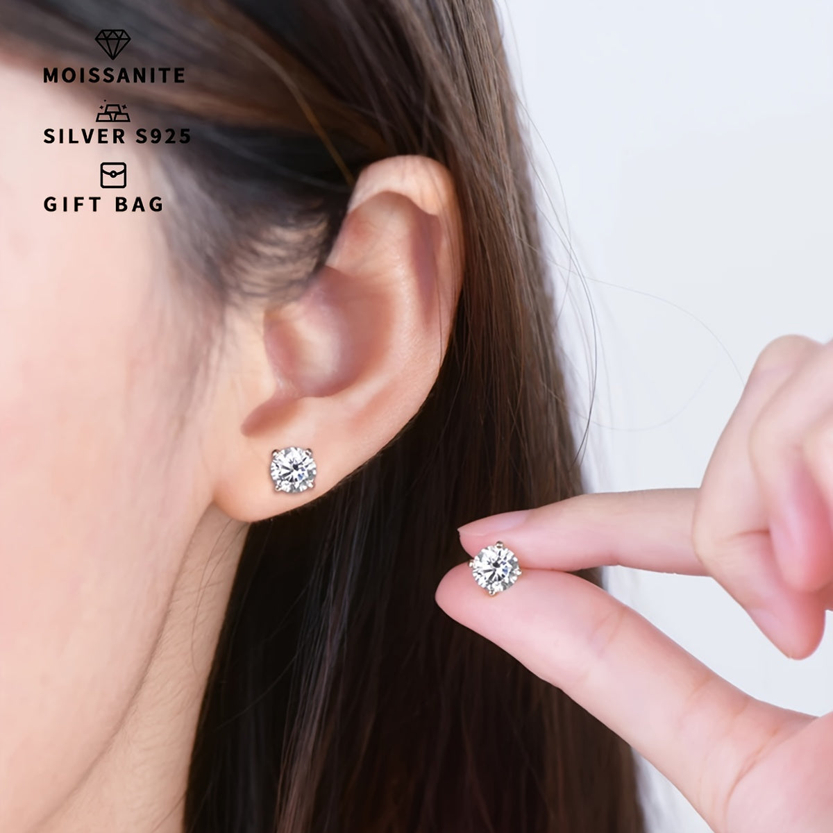 Elegant and fashionable women's jewelry - a pair of S925 silver earrings with platinum and gold plating, featuring round white moissanite stones in a simple 4-prong setting. Available in sizes ranging from 0.3CT to 3CT.