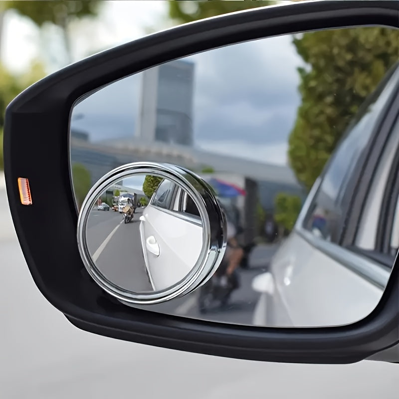 Small round mirror with HD glass for car rear view, rotatable 360 degrees for blind spot assistance.