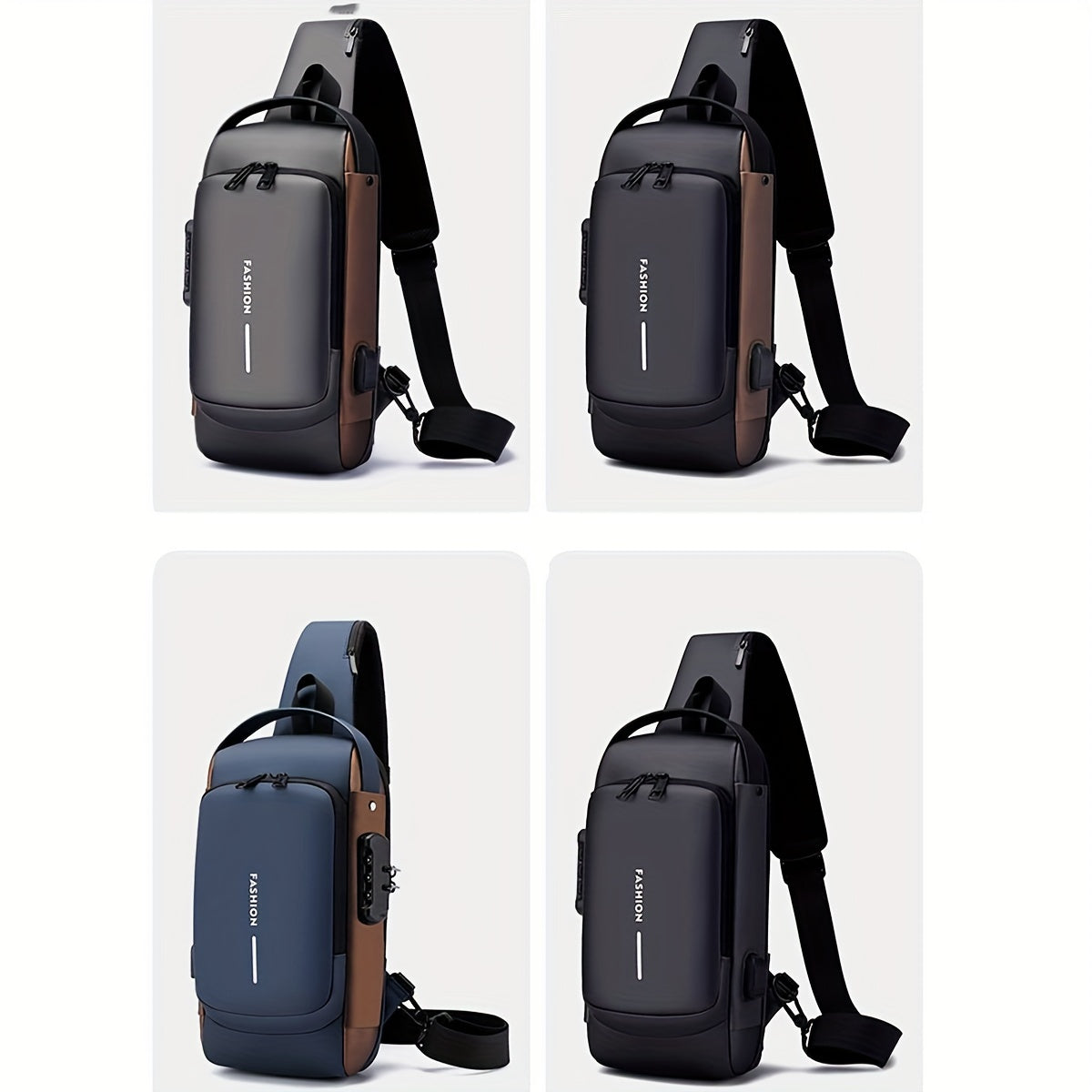 Stylish men's chest bag with USB port, ideal for motorcycling and leisure sports. Made of durable Oxford fabric with adjustable shoulder strap, dual zip compartments.