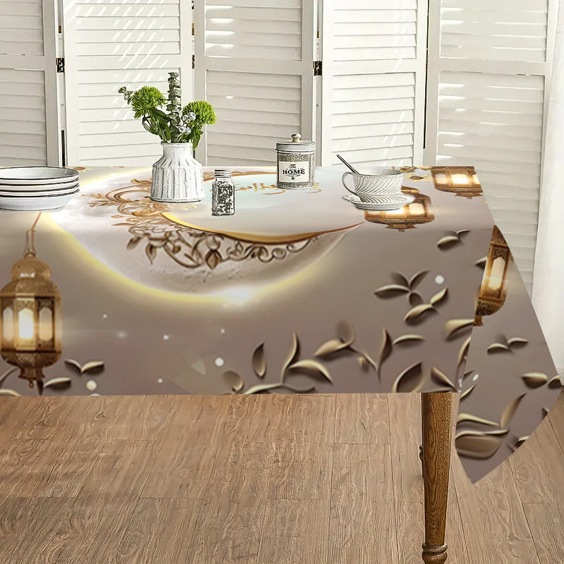 Eid Al Fitr tablecloth in polyester with golden moon and lantern pattern, waterproof, stain resistant, easy to clean, reusable, suitable for indoor/outdoor use in kitchen and dining room.