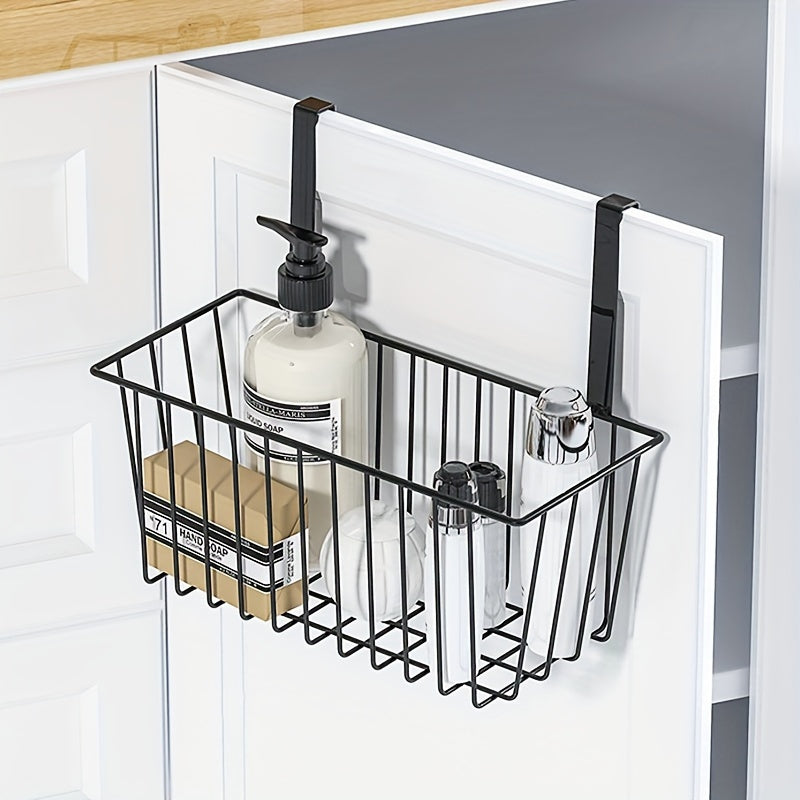 Over-the-door storage basket made of durable metal, easy to install and suitable for bathrooms, kitchens, and balconies. Comes in black or white.