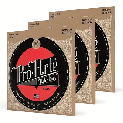 1 Pack of Pro-Arté EJ45 Classical Guitar Strings with coated nylon core, silver grey & yellow, normal tension, and laser-selected trebles for balance and comfortable playability.