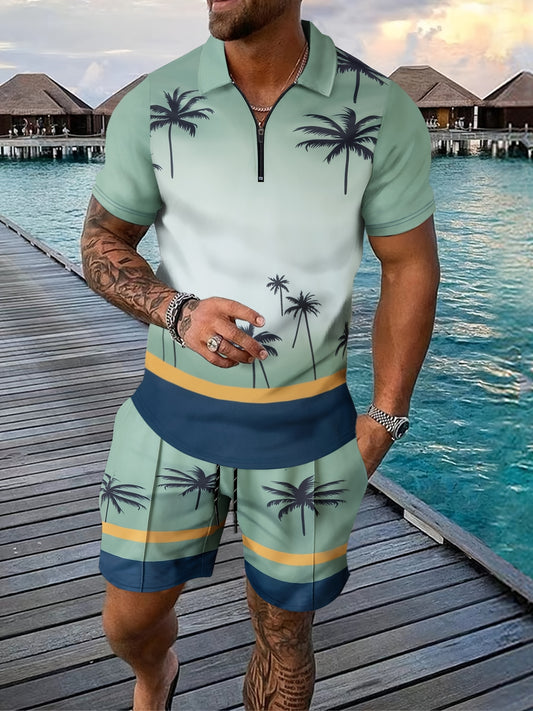 Men's casual palm tree print shirt and shorts set made of summer knit polyester with zipper detailing and turn-down collar - perfect for beachwear.