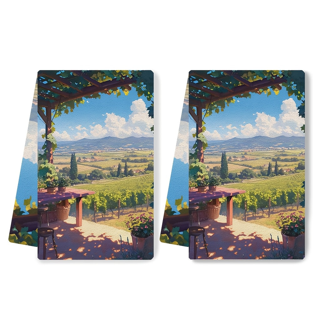 2-pack of plush kitchen towels, perfect for a day of wine tasting at a nearby vineyard. These ultra-soft and highly absorbent dish towels are ideal for adding a festive touch to your kitchen decor. Machine washable and measuring 16x24 inches each. Item