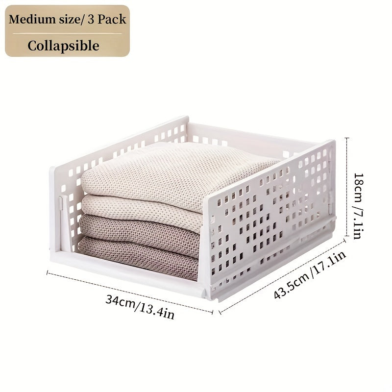 HOUCOC offers a convenient 3-Pack of Foldable Plastic Drawer Storage Bins. These freestanding wardrobe organizers are perfect for use in closets, bedrooms, and offices. The stackable clothes shelf baskets feature an easy slide design and require no