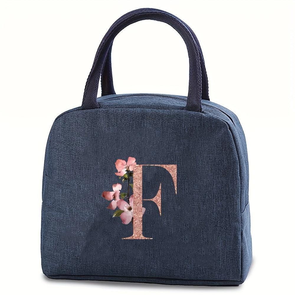 Insulated lunch bag with monogram, featuring a rose gold design. Made of waterproof, leakproof, BPA-free polyester material. Includes a square thermal food storage compartment with an ice compartment. Easily washable by hand. Perfect for school, office