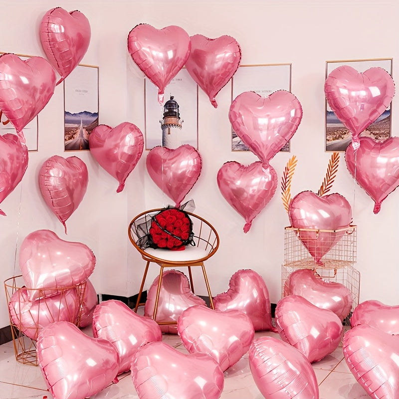 15 red heart pink silvery love aluminum balloons for various occasions like birthdays, weddings, engagements, Valentine's Day, bridal showers, carnivals, home decor, and parties.