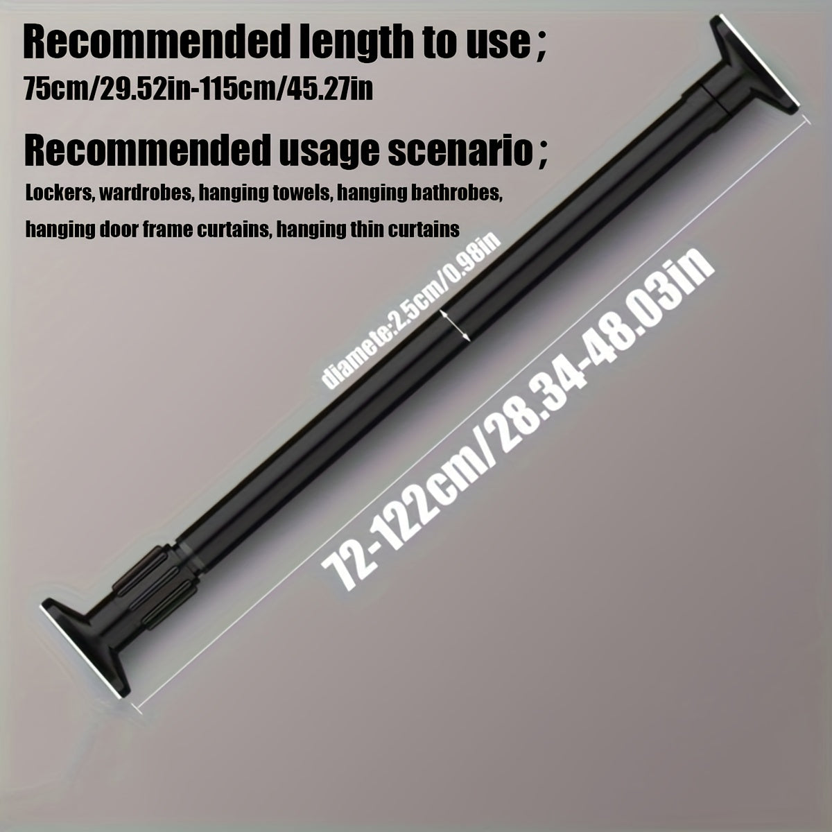 Adjustable tension curtain rod for shower, closet, window, or towel rack. Heavy-duty, no-drill, metal and plastic.