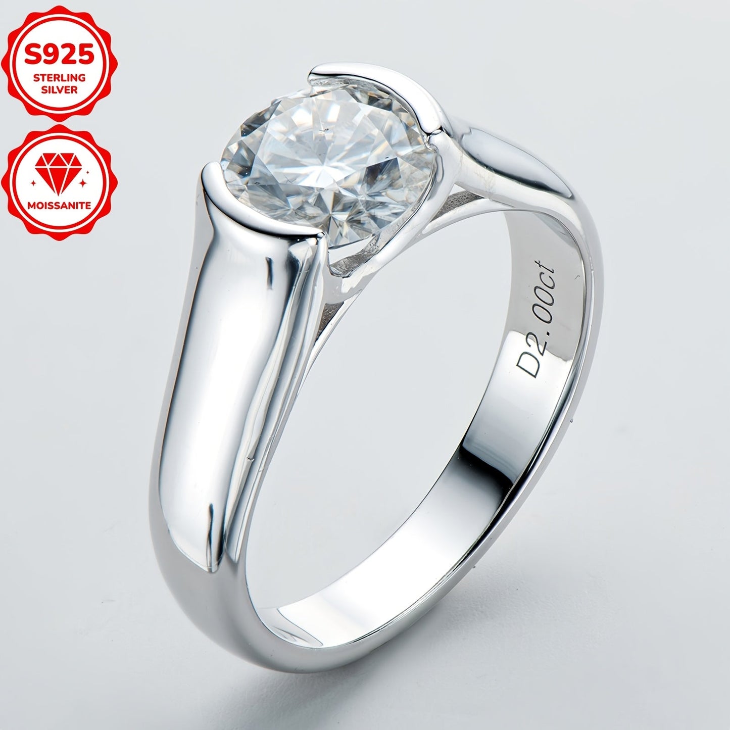 Stunning 2CT Round Moissanite Engagement Ring in Classic Style, Crafted from 925 Sterling Silver with 18K Golden Plating. Features a Synthetic April Birthstone in a Single Stone Setting, Perfect for Weddings, Vacations, and as a Valentine's Day Gift. A