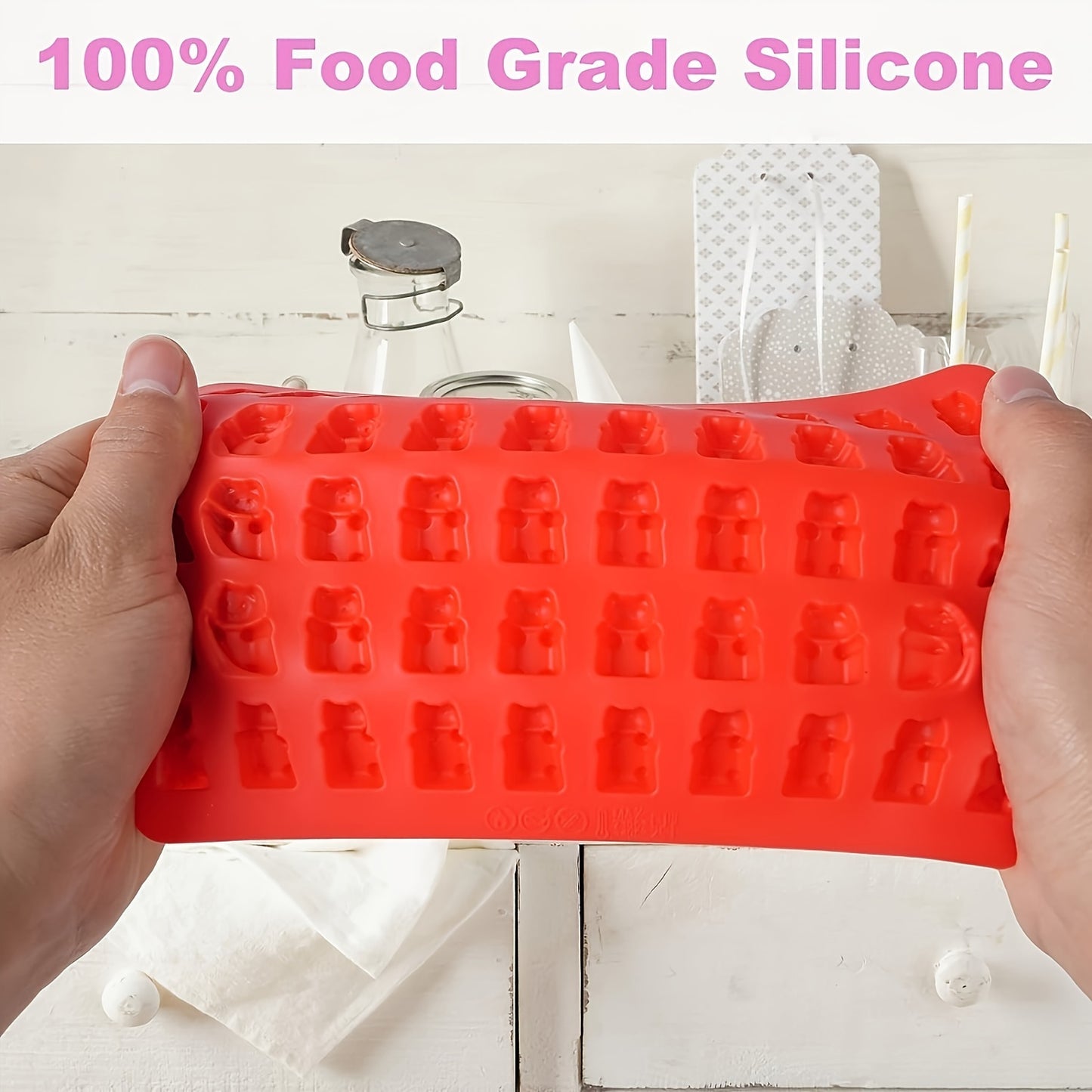 50-cavity silicone gummy bear molds for candies, chocolates, jelly, and dog treats, flexible and heat-resistant.