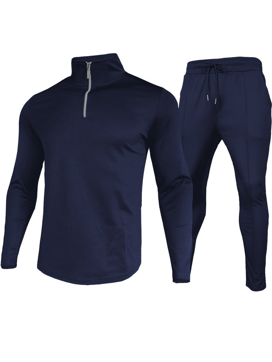 Men's 2-piece outfit: quarter zip pullover and drawstring sweatpants for spring/fall outdoor and sports wear.