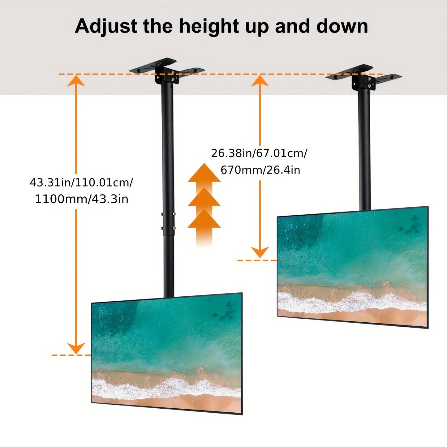 This adjustable TV ceiling mount bracket is designed to fit most LED, LCD, OLED, and plasma flat screen displays ranging from 26 to 65 inches. It has a maximum VESA pattern of 600x400mm and can hold up to 31.75kg.