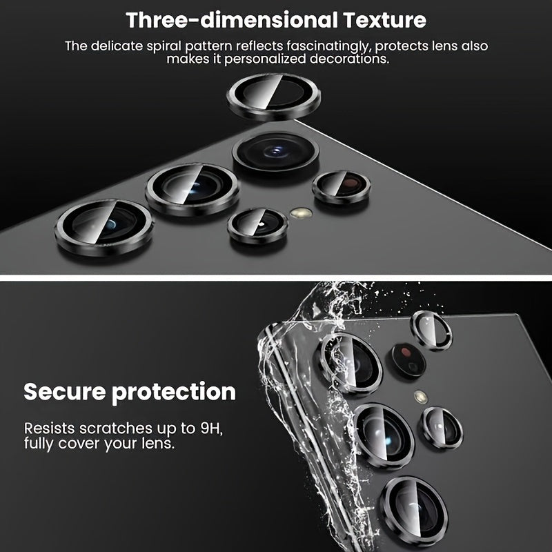 Set of 3 camera metal rings and tempered glass lens protectors for various Samsung Galaxy models.