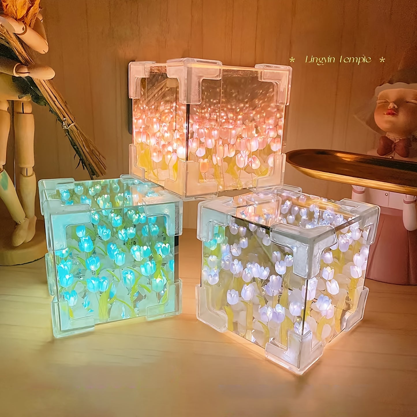 LED Tulip Night Light DIY Cube Table Lamp for Bedroom Decor, Handmade Glass with Shade, Battery Powered.