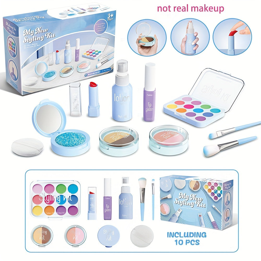 Children's pretend makeup set with 10pcs including mirror, eye shadow palette, lipstick, and powder compact. Perfect for birthday parties and makeovers. Ideal gift for little girls