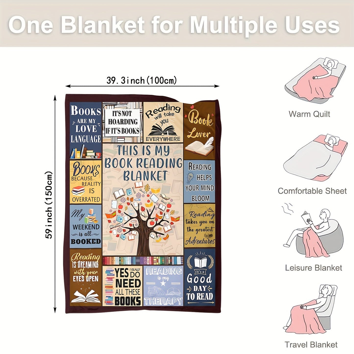 Bookworms and book managers alike will love this 1-piece printed blanket. It's the perfect gift for reading lovers, great for cozying up at home or on the go. This soft and warm blanket is ideal for lounging on the couch, bed, or even using as a lunch